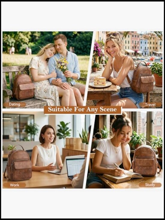 Mini PU Leather Backpack Purse Lightweight Convertible Daypack Brown Floral